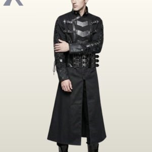 Model posing in an open-skirted black cyberpunk overcoat showcasing a high mandarin collar, wide leather waist belt, and silver metal hardware.