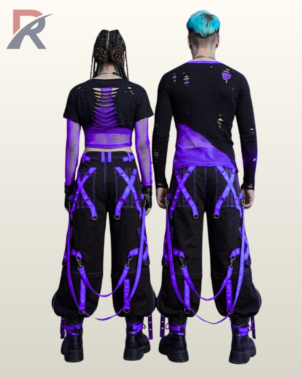 Back perspective of unisex gothic raver cargo trousers with vibrant purple metal-grommet straps, contrast stitching, and black platform boots.