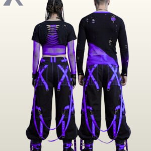 Back perspective of unisex gothic raver cargo trousers with vibrant purple metal-grommet straps, contrast stitching, and black platform boots.