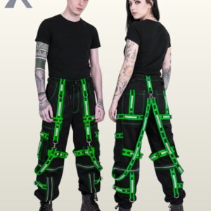 Man and woman modeling cyber goth wide-fit joggers featuring high-visibility neon green reflective trim and metal D-rings.