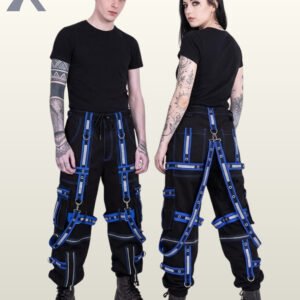 Couple wearing black gothic reflective cargo pants with royal blue eyelet straps, suspender harness details, and utility pockets.