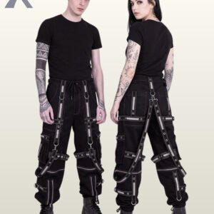 Man and woman posing in all-black cyberpunk techwear joggers styled with reflective trim and silver metal hardware.