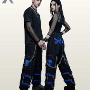 Couples catalog display of black cyberpunk cargo pants featuring cobalt blue buckle leg straps, skull graphics, hanging side chains, and platform boots.
