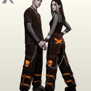 Couples catalog display of black cyberpunk cargo pants featuring bright orange buckle leg straps, skull patch pockets, and hanging silver side chains.