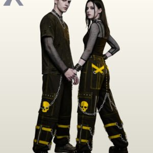 Full model view of a male and female wearing black gothic skull cargo pants with yellow accent stitching, yellow skull patch pockets, and hanging metal chains.