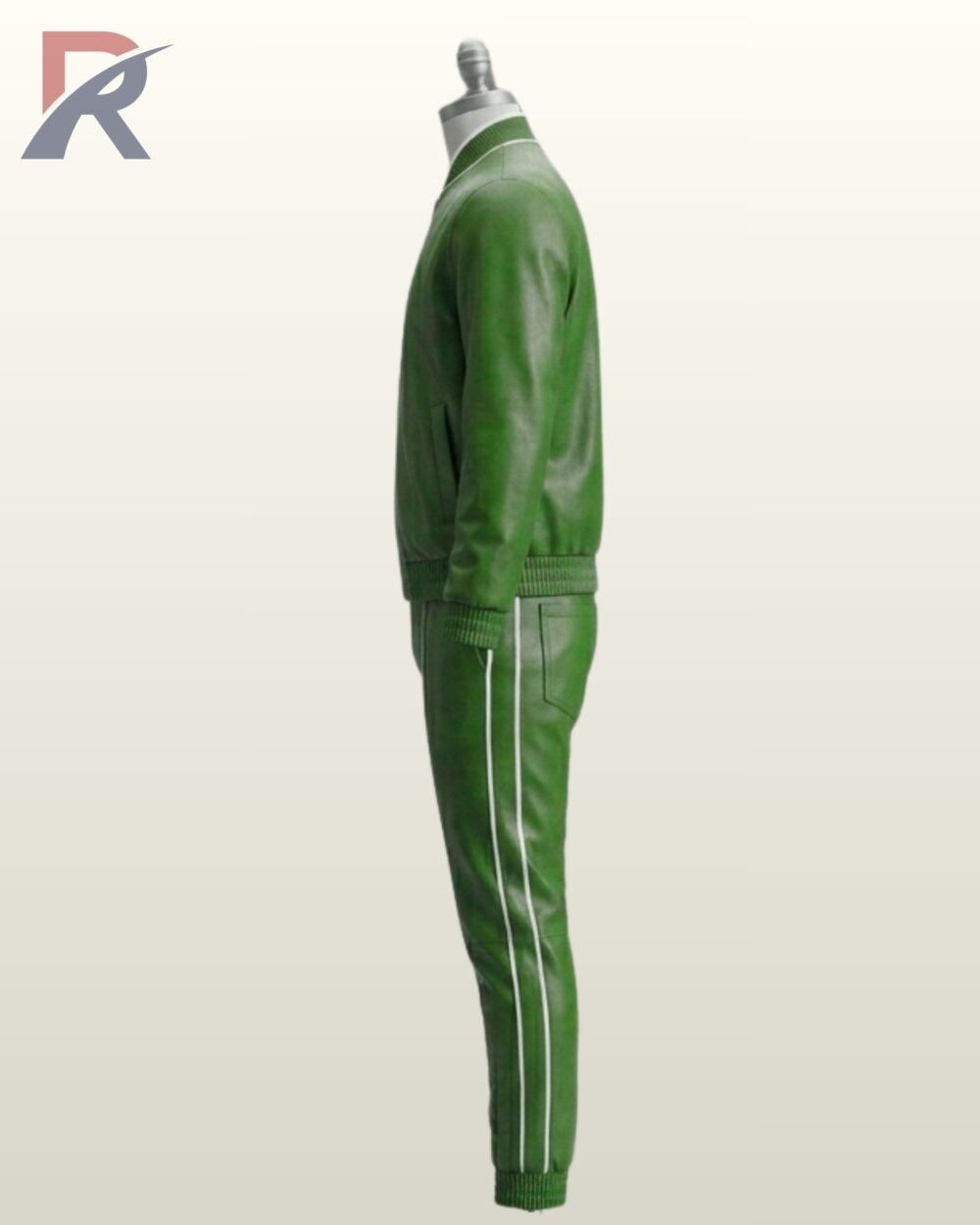 Men's vibrant green leather tracksuit featuring white piping along the pocket welt and side seams.