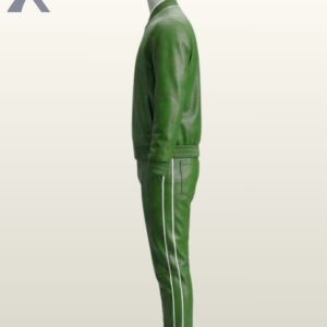 Men's vibrant green leather tracksuit featuring white piping along the pocket welt and side seams.