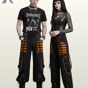 Couple in alternative wide-leg techwear trousers featuring vibrant orange mesh detail and hanging metal chains.