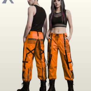 Couple wearing bright orange gothic cargo pants detailed with black mesh trim, cross straps, and hanging metal chains.