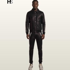 Genuine Lambskin Leather Tracksuit Set, Shirt Collar Jacket & Joggers
