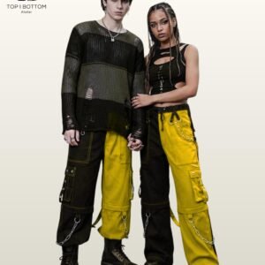 Pleated Apron Cargo Pants with Chains | Cyberpunk Wide Leg Bondage Pants | Unisex Industrial Dark wear Bottoms | Emo Punk Rock Streetwear