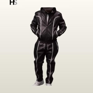 Genuine Leather Hooded Tracksuit Men, Custom Curved Panel Jogger Set