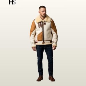 Men's White B3 Bomber Jacket with Tan Leather Accents | Sheepskin Shearling Aviator Coat