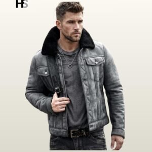 Men's Grey Winter Trucker Jacket | Black Shearling Collar Suede Coat | Vintage Distressed Western Outerwear