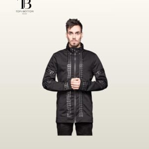 Black Gothic Studded Jacket, Men Punk High Collar Coat, Cyberpunk Industrial Outerwear