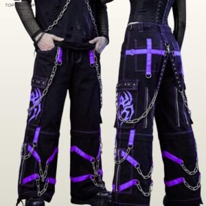 Men & Women Tribal Cyber Goth Cargo Pants | Wide Leg Bondage Trousers with Chains | Y2K Street wear Alt Clothing