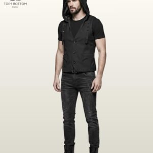 Men's Hooded Cotton Vest, Black Steampunk Studded Gilet, Gothic Tailored Top