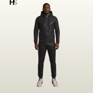 Genuine Leather Hooded Tracksuit Set, Retro Sports Suit, Bomber Jacket Trousers