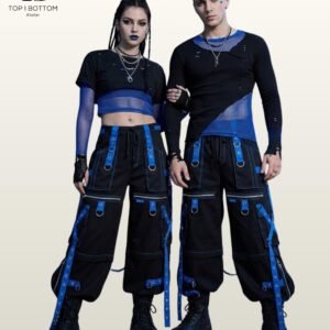 Cyberpunk Cargo Pants | Neon Stitching, Handcuff Hardware, Wide-Leg Trousers
