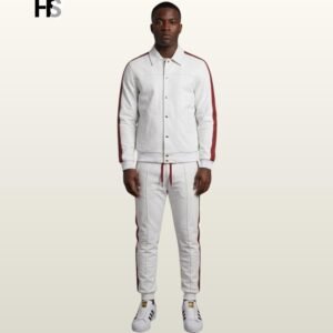 Men's White Genuine Lambskin Leather Tracksuit, Shirt Collar Jogger Set, Burgundy Stripe Detail