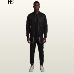 Genuine Leather Bomber Tracksuit, Luxury Two Piece Streetwear Set