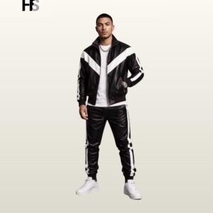 Genuine Leather Tracksuit Men, V Chevron Leather Luxury Jogger Set, Full Zip Lambskin Sports Suit