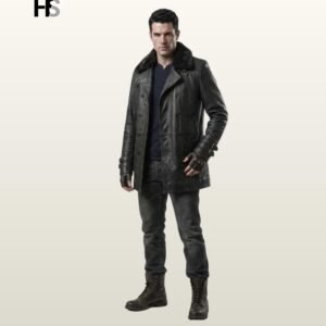 Men's Distressed Black Leather Coat with Faux Fur Collar | Gothic Steampunk Field Jacket