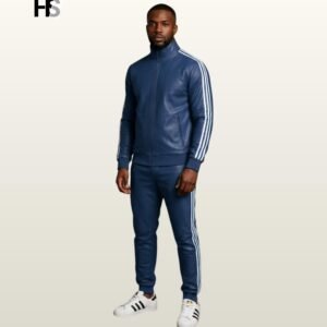 Men Deep Steel Blue Genuine Leather Tracksuit Set, Retro Sports Suit, Bomber Jacket Trousers