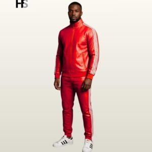 Men Red Genuine Leather Tracksuit Set, Retro Sports Suit, Bomber Jacket Trousers