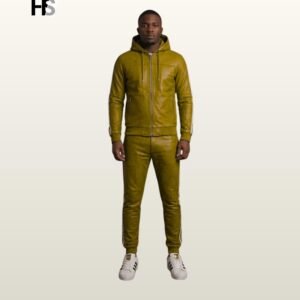Men's Genuine Leather Hooded Tracksuit Set, Moss Green Retro Sports Suit