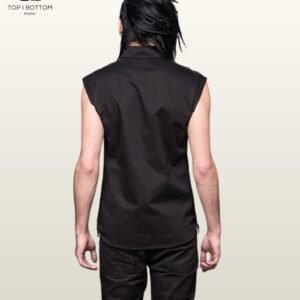 Men's Black Studded Cotton-Blend Sleeveless Shirt, Punk Gothic D-Ring Detail Top