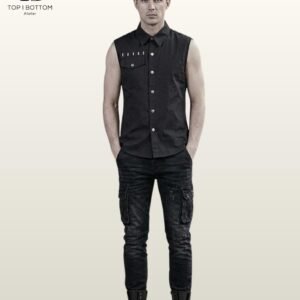 Men's Black Gothic Asymmetrical Vest, Punk Cotton-Blend, Studded Utility Pocket