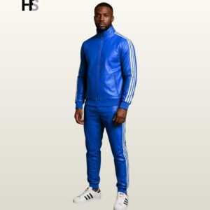 Men Blue Genuine Leather Tracksuit Set, Retro Sports Suit, Bomber Jacket Trousers