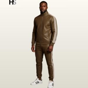 Men Olive Brown Genuine Leather Tracksuit Set, Retro Sports Suit, Bomber Jacket Trousers