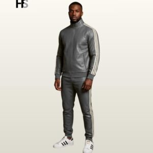 Men Charcoal Slate Gray Genuine Leather Tracksuit Set, Retro Sports Suit, Bomber Jacket Trousers