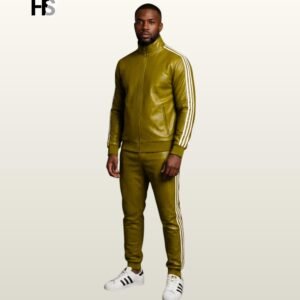 Men Acid Moss Green Genuine Leather Tracksuit Set, Retro Sports Suit, Bomber Jacket Trousers