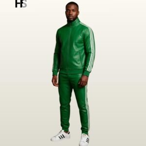 Men Emerald Forest Green Genuine Leather Tracksuit Set, Retro Sports Suit, Bomber Jacket Trousers