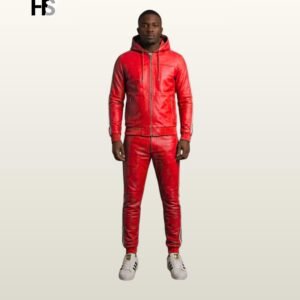 Men Racing Red Genuine Leather Hooded Tracksuit Set, Retro Sports Suit, Bomber Jacket Trousers