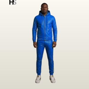 Men Cobalt Blue Genuine Leather Hooded Tracksuit Set, Retro Sports Suit, Bomber Jacket Trousers