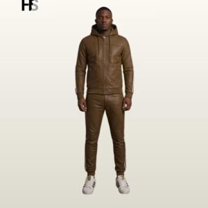 Men Brown Genuine Leather Hooded Tracksuit Set, Retro Sports Suit, Bomber Jacket Trousers