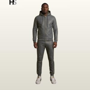 Men's Genuine Leather Hooded Tracksuit Set, Retro Sports Suit, Charcoal Gray