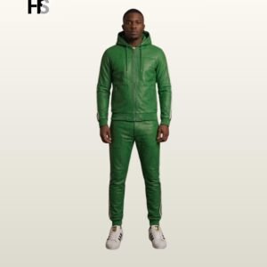 Men's Emerald Green Leather Hooded Tracksuit Set, Retro Sports Suit, Bomber Jacket Trousers
