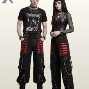 Couple wearing black gothic wide-leg cargo pants featuring red mesh paneling, red contrast piping, and metal chain hardware.