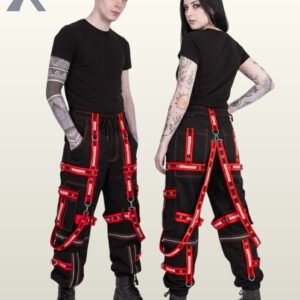 Man and woman modeling industrial goth techwear trousers detailed with red high-visibility reflective straps and D-rings.