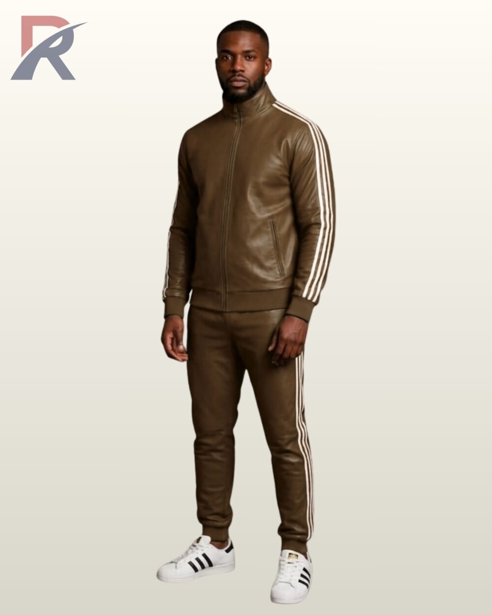 A full-body shot of a khaki brown leather zip-up track jacket and matching pants.