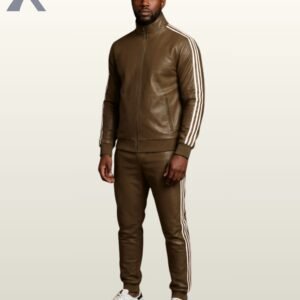 A full-body shot of a khaki brown leather zip-up track jacket and matching pants.