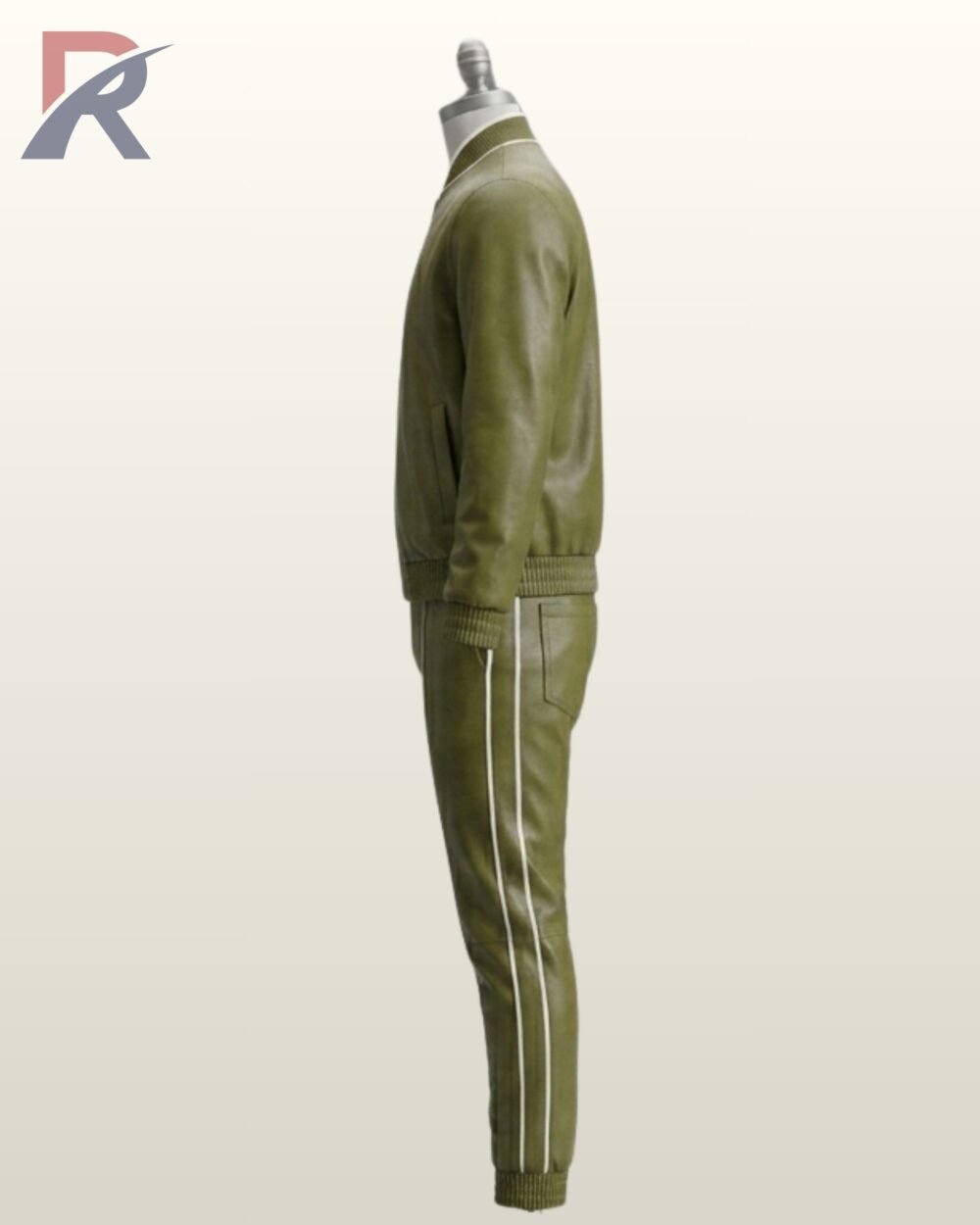 Full-length view of a men's khaki leather bomber tracksuit set with ribbed collar and waist cuffs.