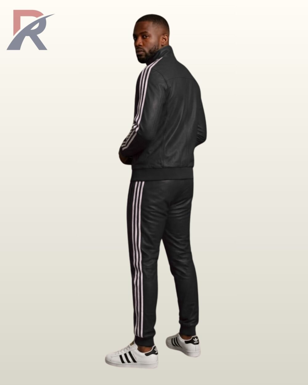 An urban streetwear style all-black genuine leather tracksuit set with striped details.