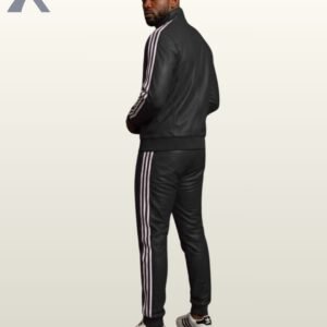 An urban streetwear style all-black genuine leather tracksuit set with striped details.