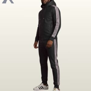 A premium black leather matching street style set with iconic white athletic trim.